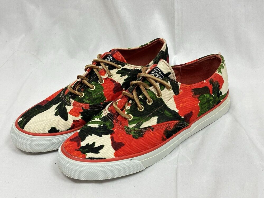 MILLY For Sperry Top-Sider Red Green Floral Print Boat Shoe Sneaker 8